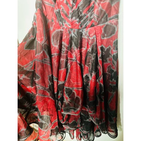 HALSTON Black Red Cherry Floral Print Sheer Sleeveless Tulle Full Skirt Dress 10 - Picture 9 of 9